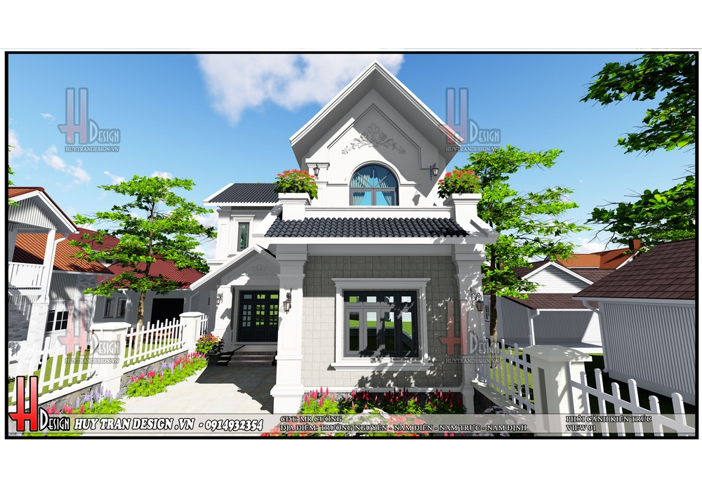 Thiết kế nhà đẹp hình chữ l 2 tầng mái thái ở nông thôn phong cách tân cổ điển