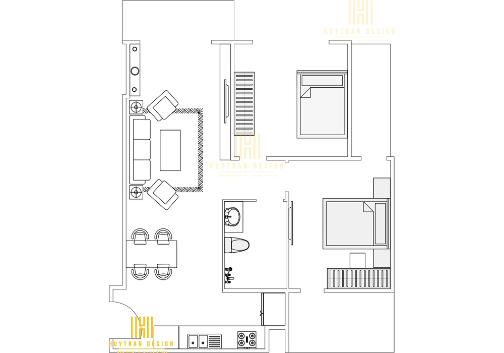 Mẫu thiết kế căn hộ chung cư 2 phòng ngủ tân cổ điển đẹp
