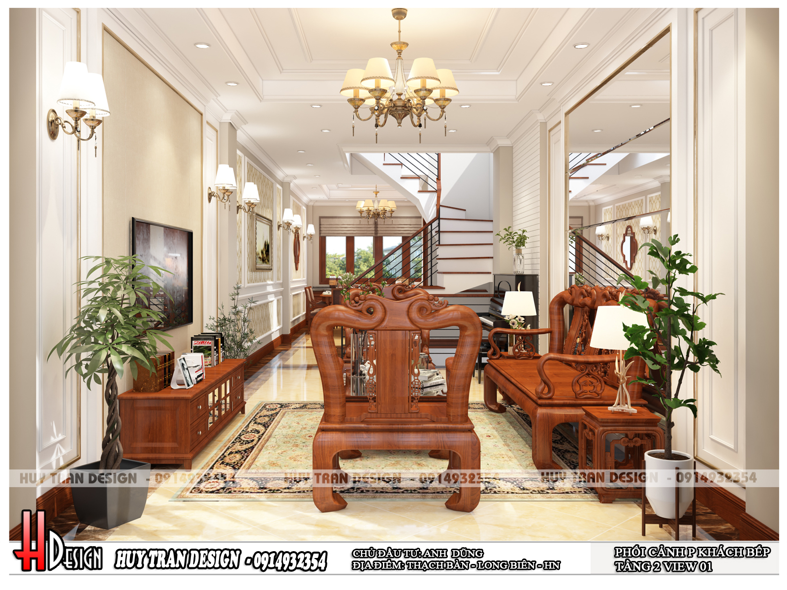 Mẫu thiết kế nội thất phòng khách tân cổ điển bằng gỗ thịt tại Thạch Bàn, Long Biên, Hà Nội-v1