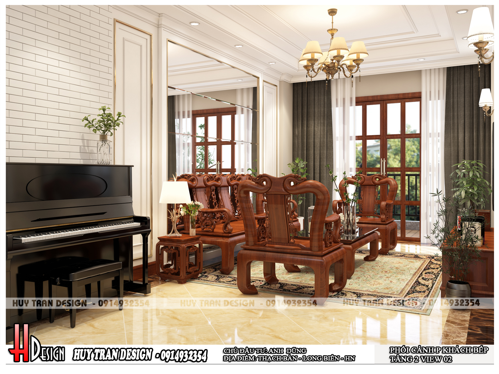 Mẫu thiết kế nội thất phòng khách tân cổ điển bằng gỗ thịt tại Thạch Bàn, Long Biên, Hà Nội-v2