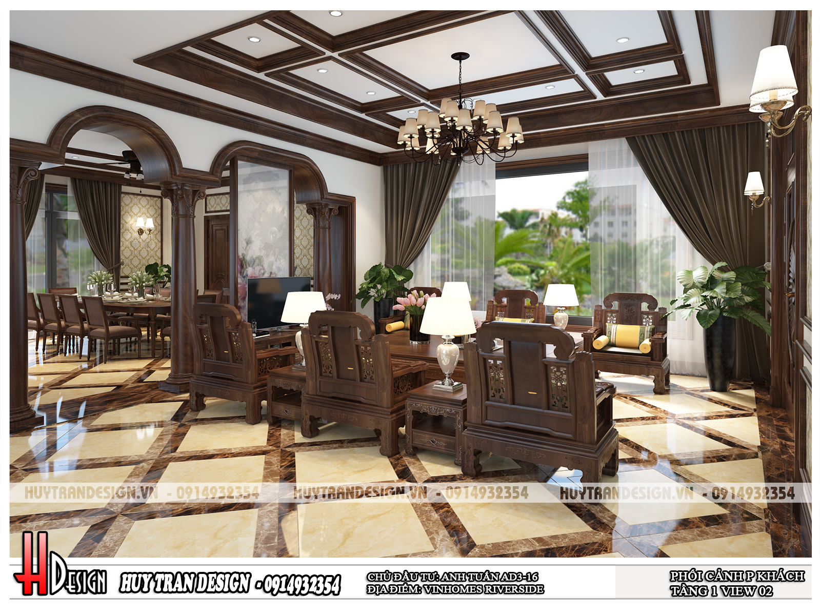 Mẫu thiết kế nội thất phòng khách tân cổ điển bằng gỗ tại Vinhomes Riverside, Long Biên, Hà Nội-v2