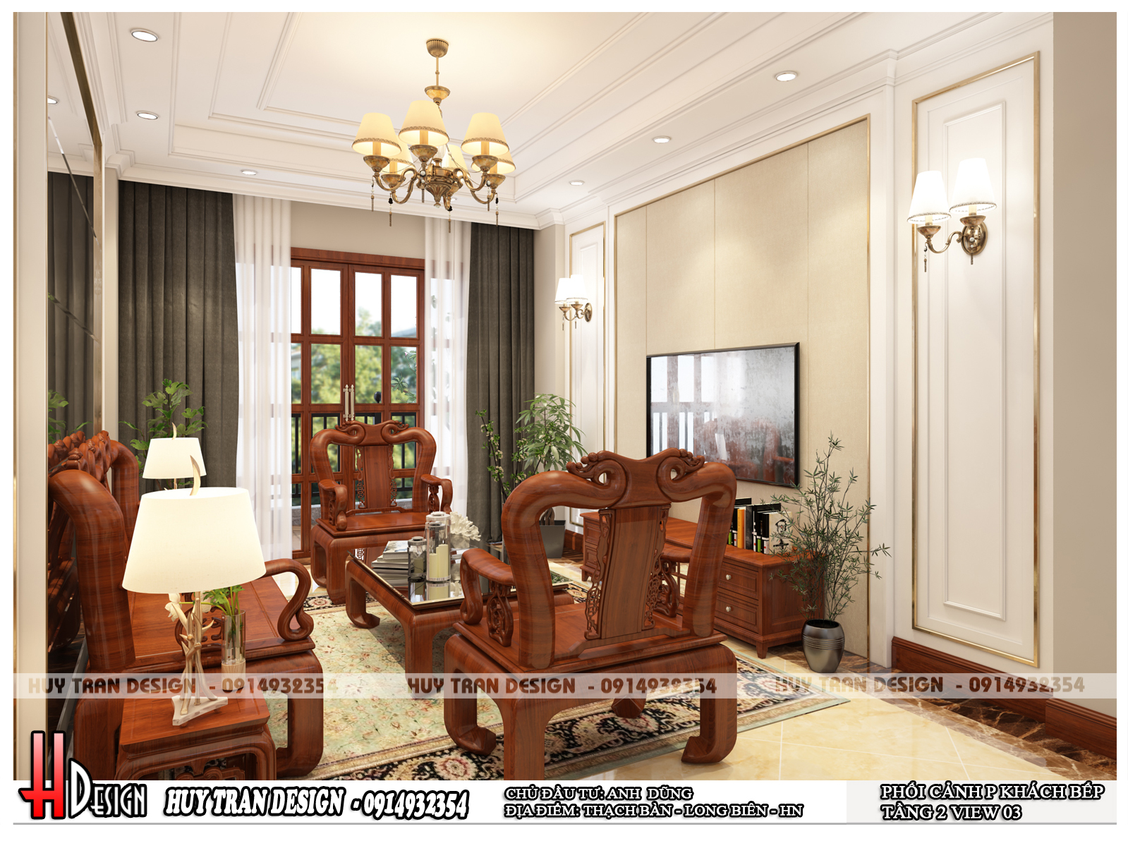 Mẫu thiết kế nội thất phòng khách tân cổ điển bằng gỗ thịt tại Thạch Bàn, Long Biên, Hà Nội-v3