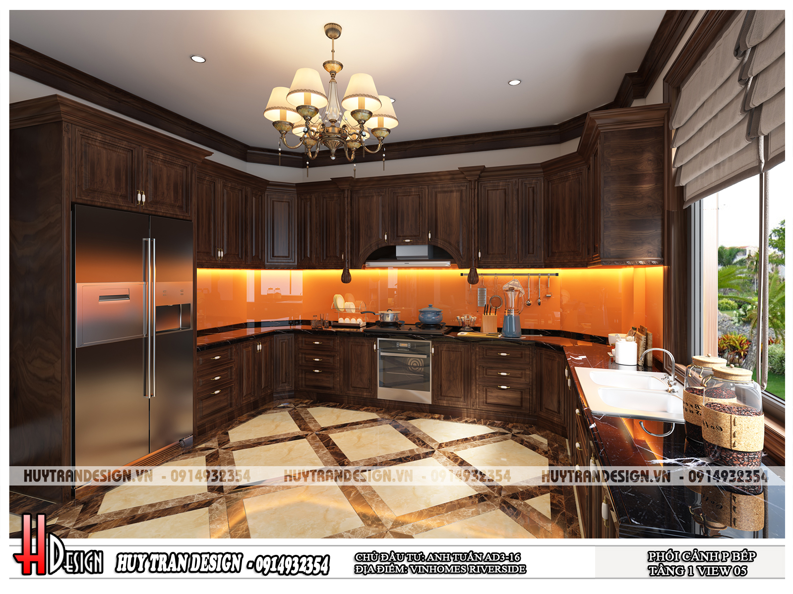 Mẫu thiết kế nội thất phòng bếp và phòng ăn tân cổ điển bằng gỗ tại Vinhomes Riverside, Long Biên, Hà Nội-v3
