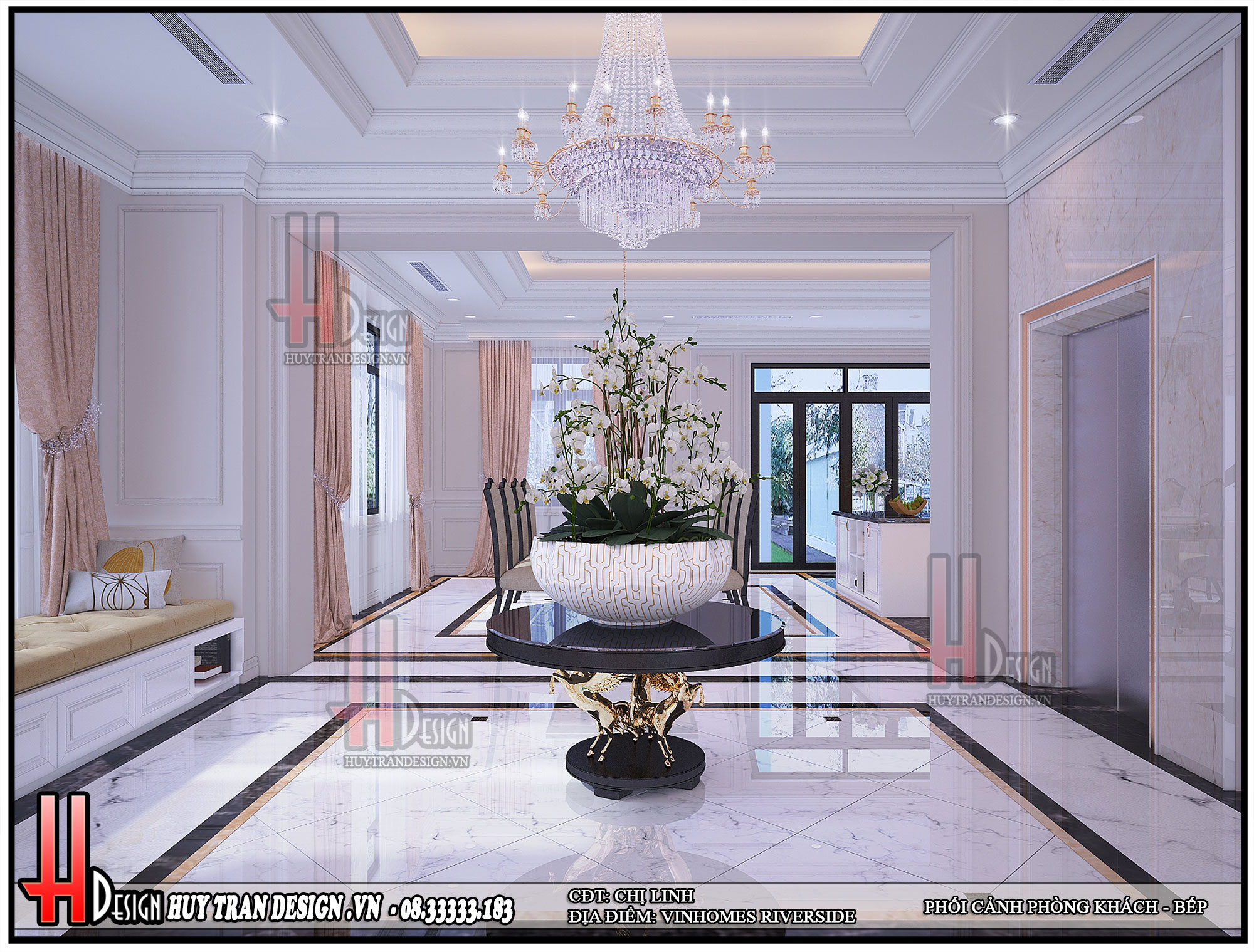 Thiết kế không gian sảnh hoa ngăn cách không gian phòng bếp và phòng khách
