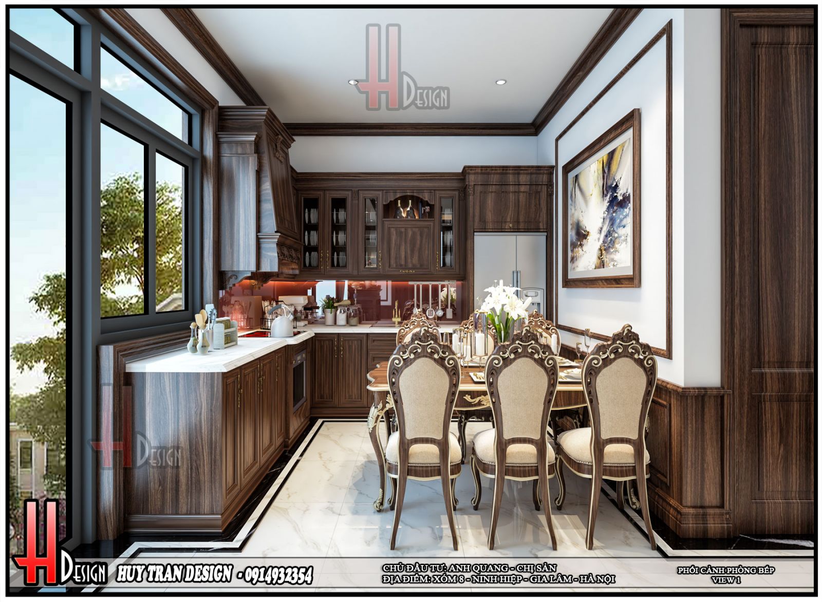 Mẫu thiết kế nội thất nhà bếp, phòng ăn tân cổ điển từ gỗ