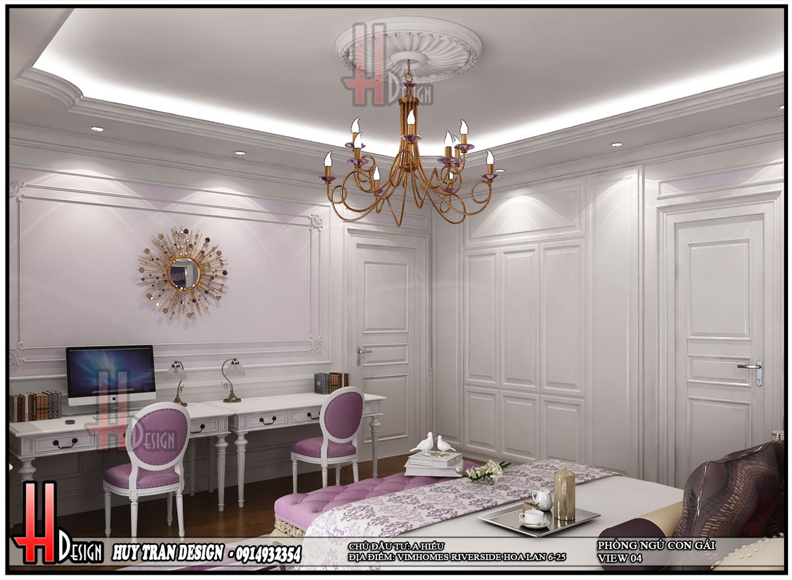 Phối cảnh thiết kế nội thất tân cổ điển phòng ngủ con gái biệt thự Hoa Lan - Vinhomes Riverside - Long Biên - Hà Nội-v4