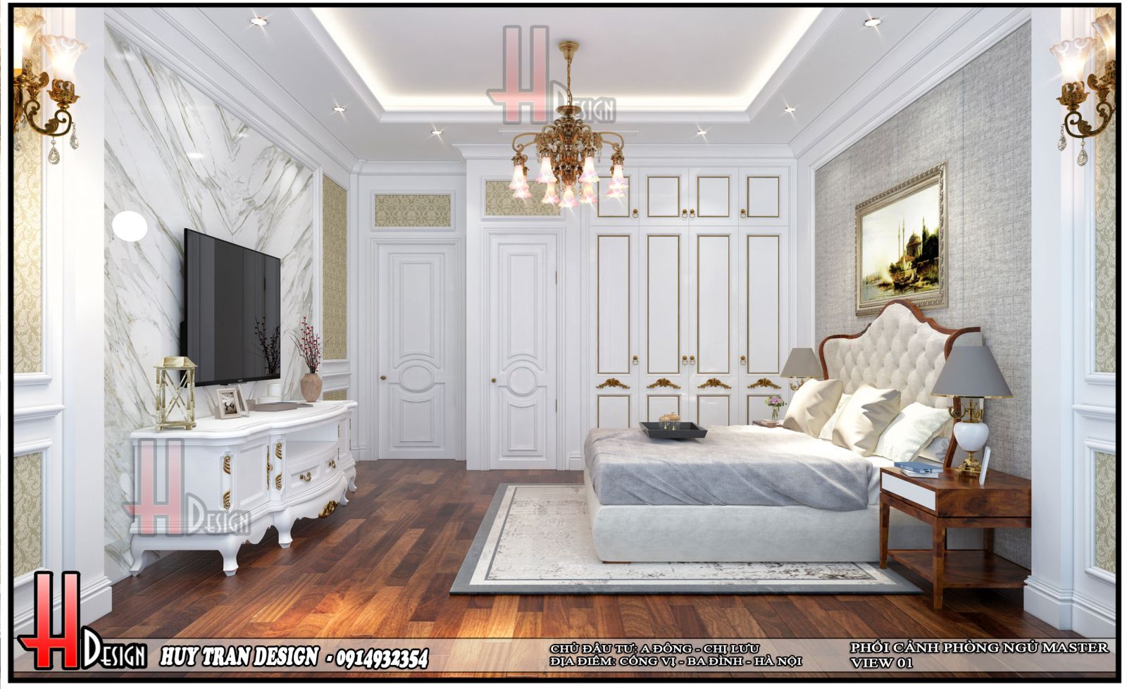 Mẫu thiết kế nội thất phòng ngủ nhà phố tân cổ điển từ gỗ trắng