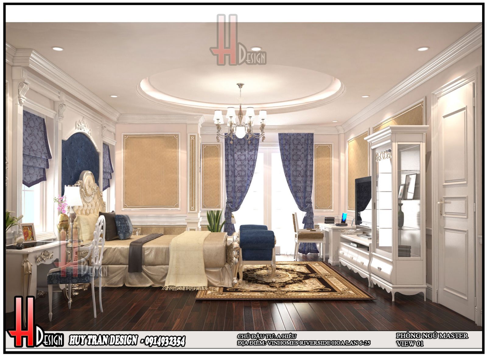 Phối cảnh thiết kế nội thất tân cổ điển phòng ngủ master biệt thự Hoa Lan - Vinhomes Riverside - Long Biên - Hà Nội-v1