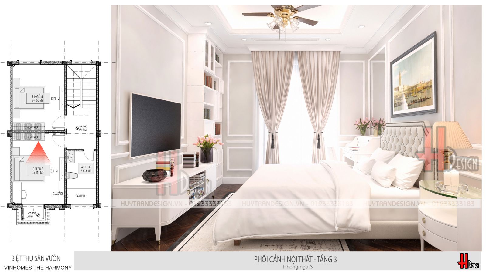 Phòng ngủ biệt thự trang nhã với màu chủ đạo là màu trắng tinh khôi