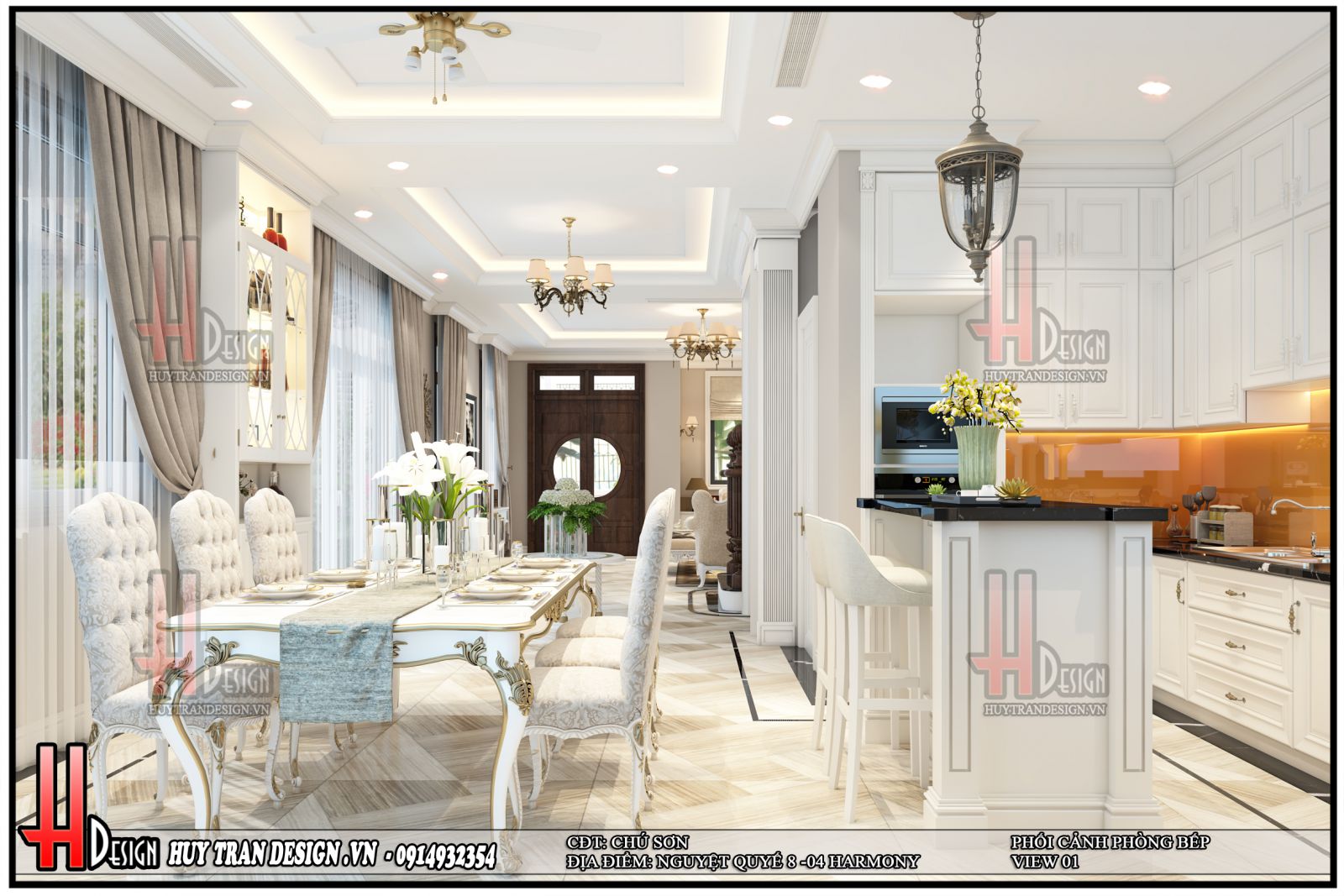 Không gian phòng bếp biệt thự 3 tầng thiết kế thêm quầy Bar vừa để tách riêng với không gian ăn vừa có thể nhâm nhi ly rượu