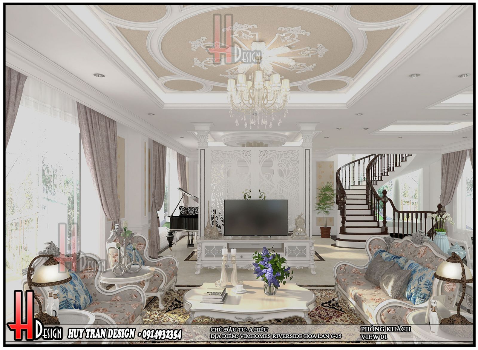 Phối cảnh thiết kế nội thất tân cổ điển phòng khách biệt thự Hoa Lan - Vinhomes Riverside - Long Biên - Hà Nội-v1