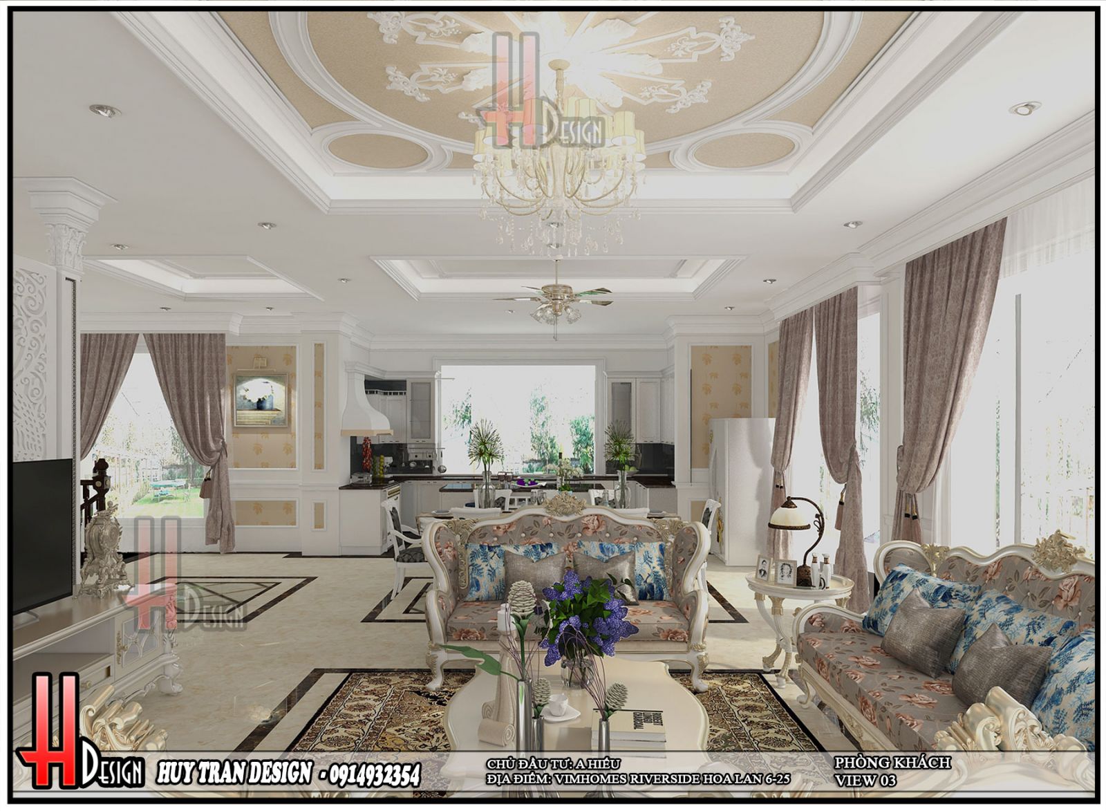 Phối cảnh thiết kế nội thất tân cổ điển phòng khách biệt thự Hoa Lan - Vinhomes Riverside - Long Biên - Hà Nội-v3