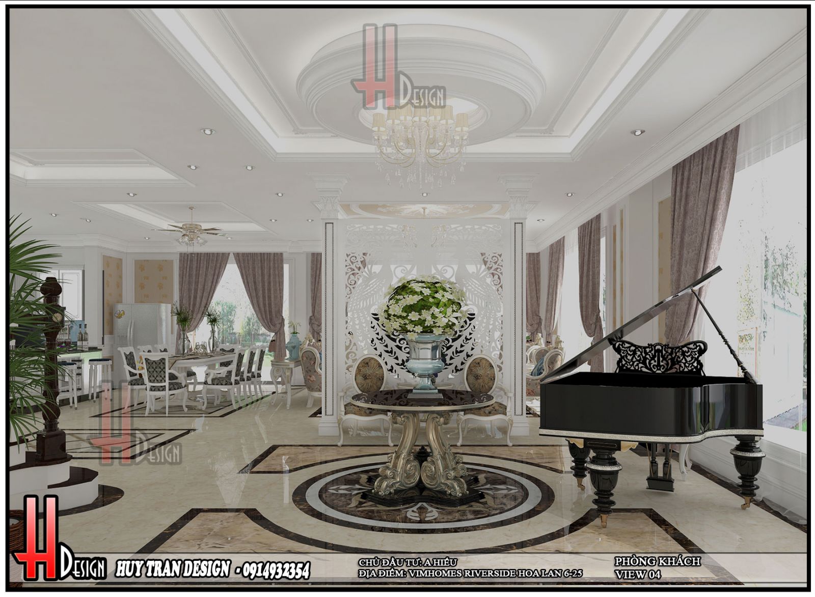 Phối cảnh thiết kế nội thất tân cổ điển phòng khách biệt thự Hoa Lan - Vinhomes Riverside - Long Biên - Hà Nội-v4