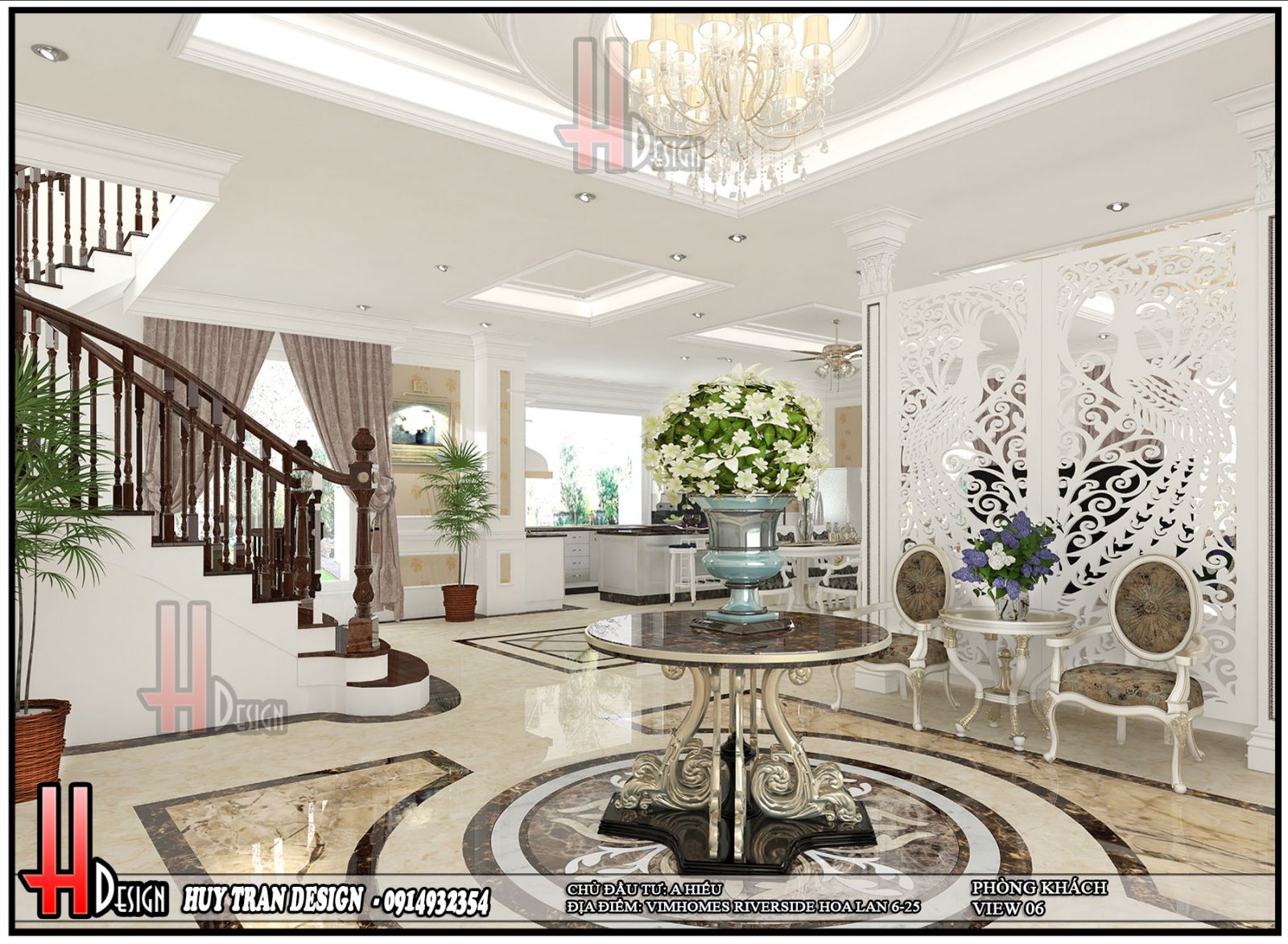 Phối cảnh thiết kế nội thất tân cổ điển phòng khách biệt thự Hoa Lan - Vinhomes Riverside - Long Biên - Hà Nội-v6