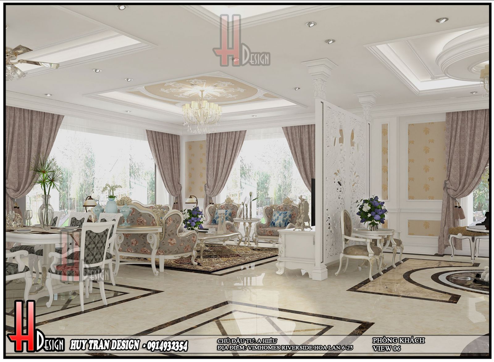 Phối cảnh thiết kế nội thất tân cổ điển phòng khách biệt thự Hoa Lan - Vinhomes Riverside - Long Biên - Hà Nội-v7