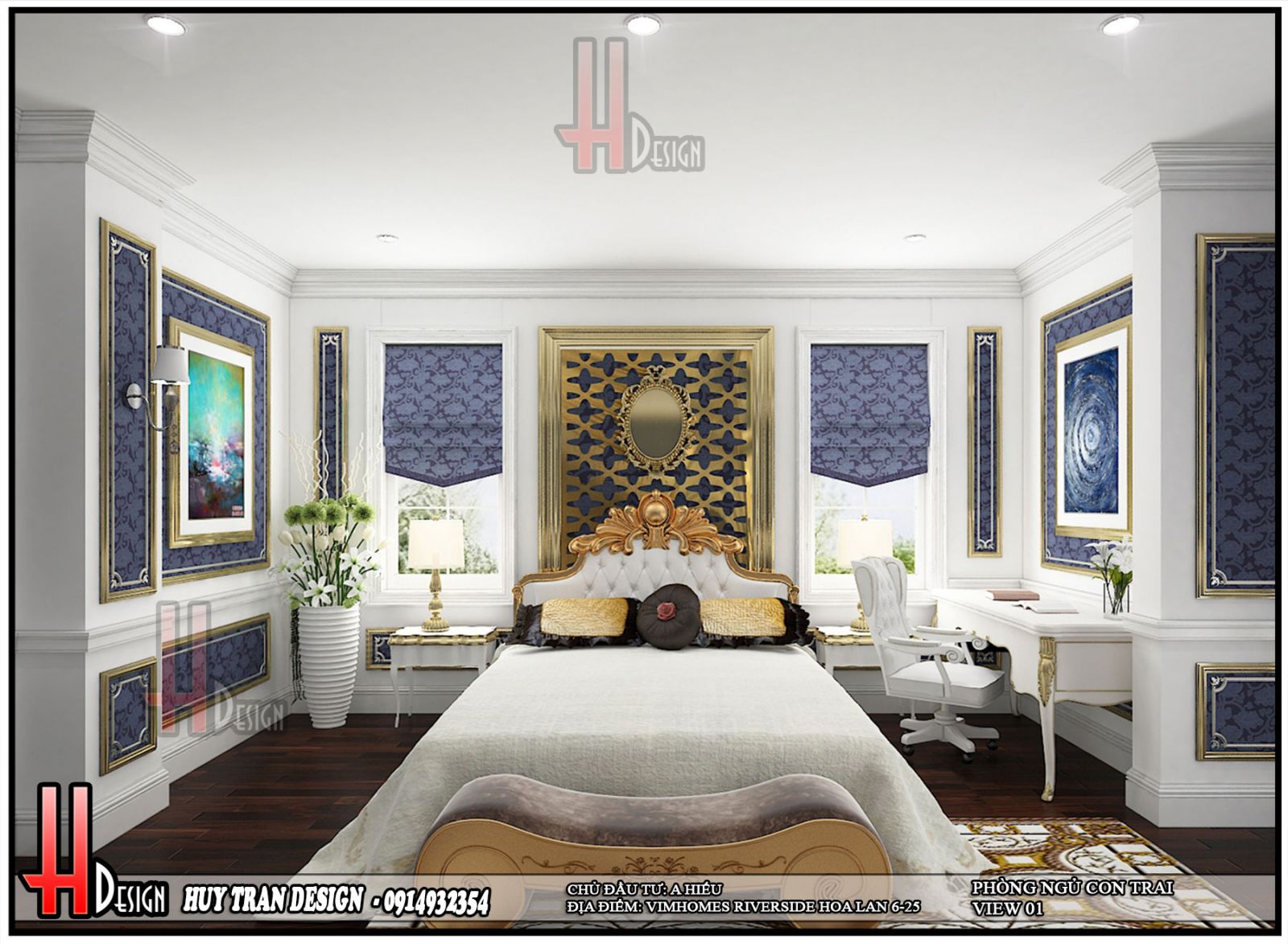 Phối cảnh thiết kế nội thất tân cổ điển phòng ngủ con trai biệt thự Hoa Lan - Vinhomes Riverside - Long Biên - Hà Nội-v4