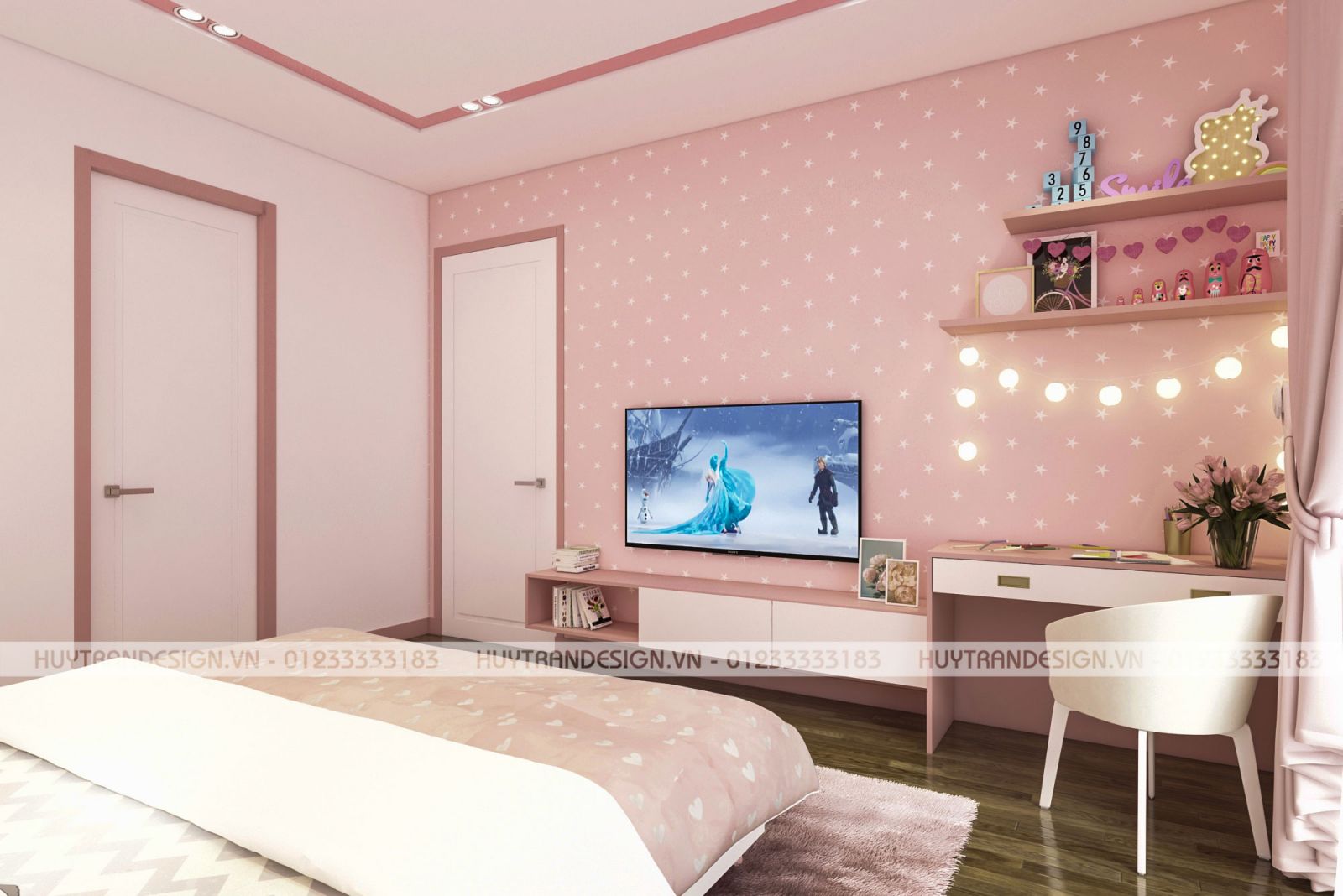 Thiết kế nội thất phòng ngủ con gái tại biệt thự Hoa Sữa, Vinhomes Riverside, Long Biên, Hà Nội - Huytrandesign chuyên thiết kế nội ngoại thất-v2
