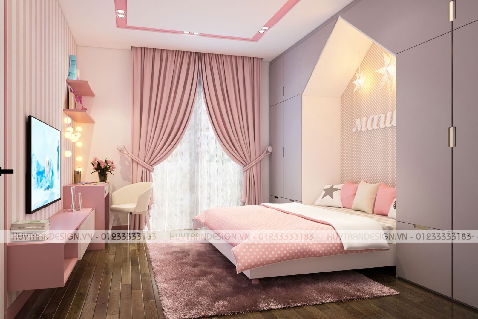 Thiết kế nội thất phòng ngủ con gái tại biệt thự Hoa Sữa, Vinhomes Riverside, Long Biên, Hà Nội - Huytrandesign chuyên thiết kế nội ngoại thất-v3