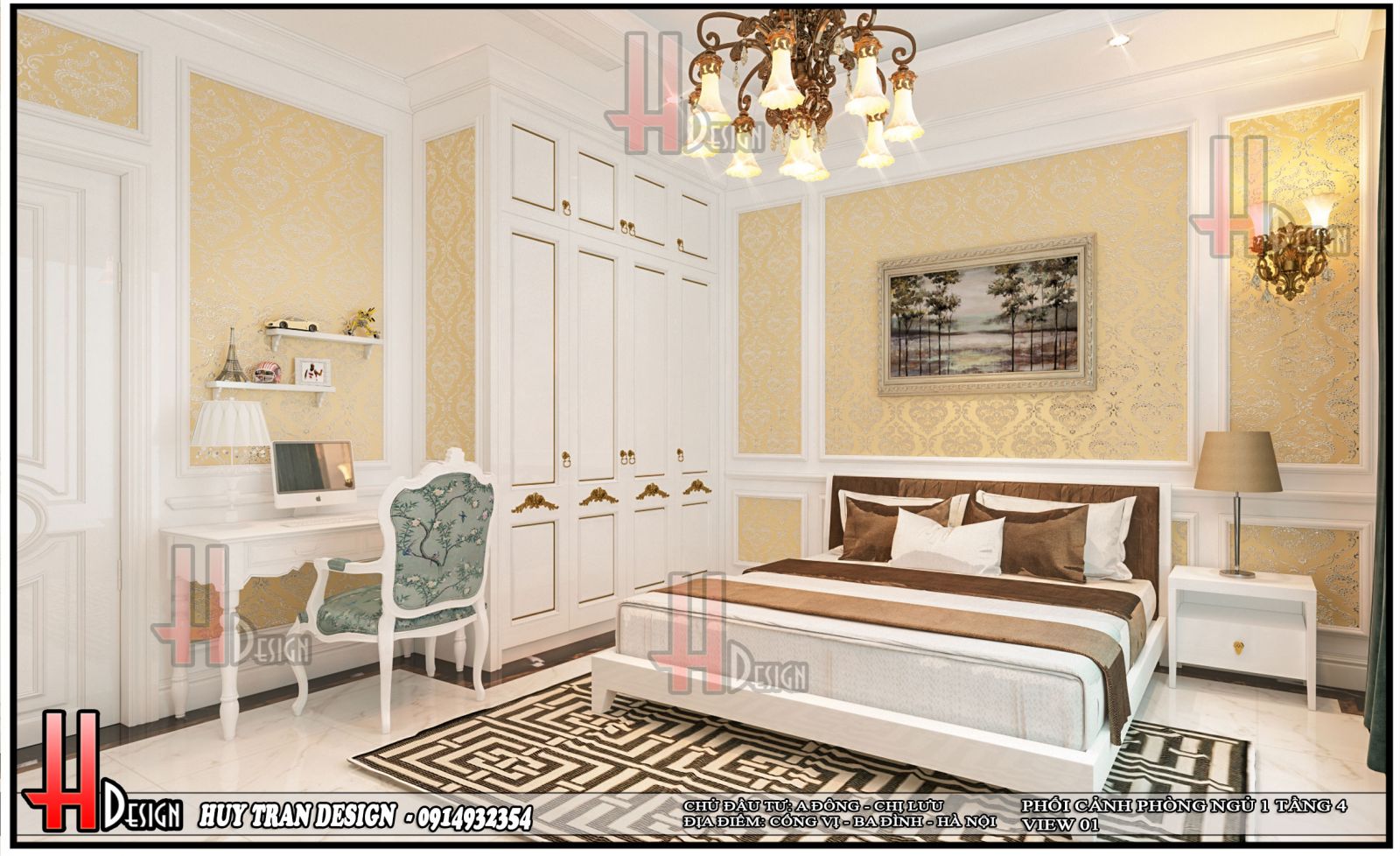 Mẫu thiết kế nội thất phòng ngủ nhà phố tân cổ điển đồ gỗ trắng