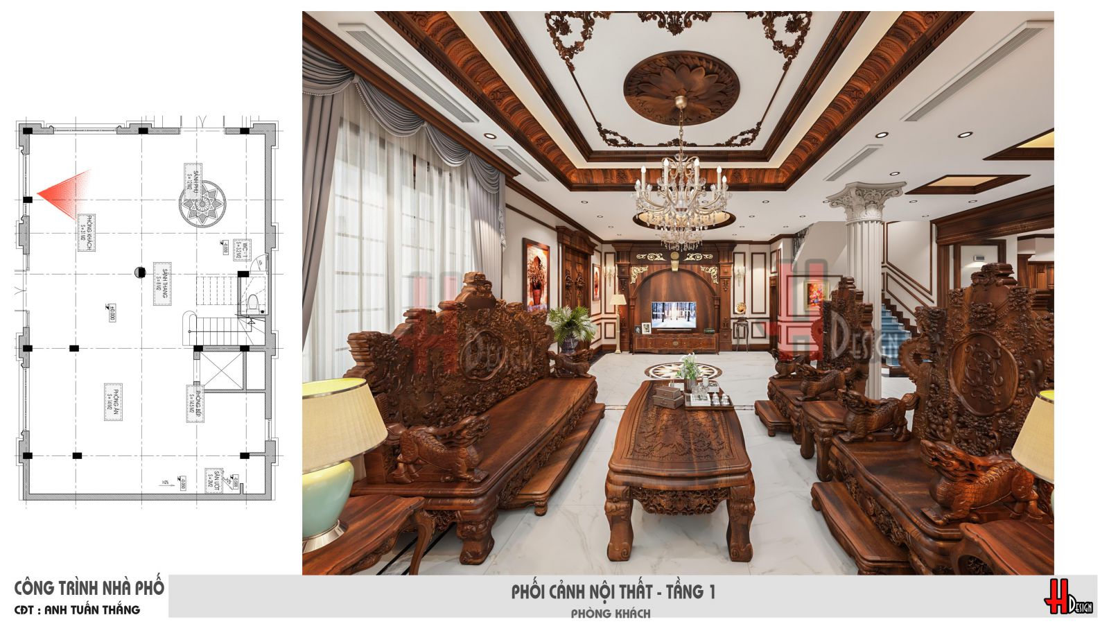 Thiết kế nội thất phòng khách sử dụng đồ gỗ thịt cao cấp