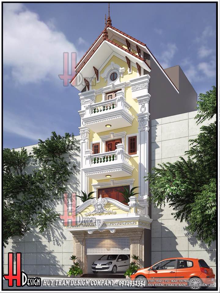 Phối cảnh mặt nghiêng thiết kế nhà phố tân cổ điển mái Thái