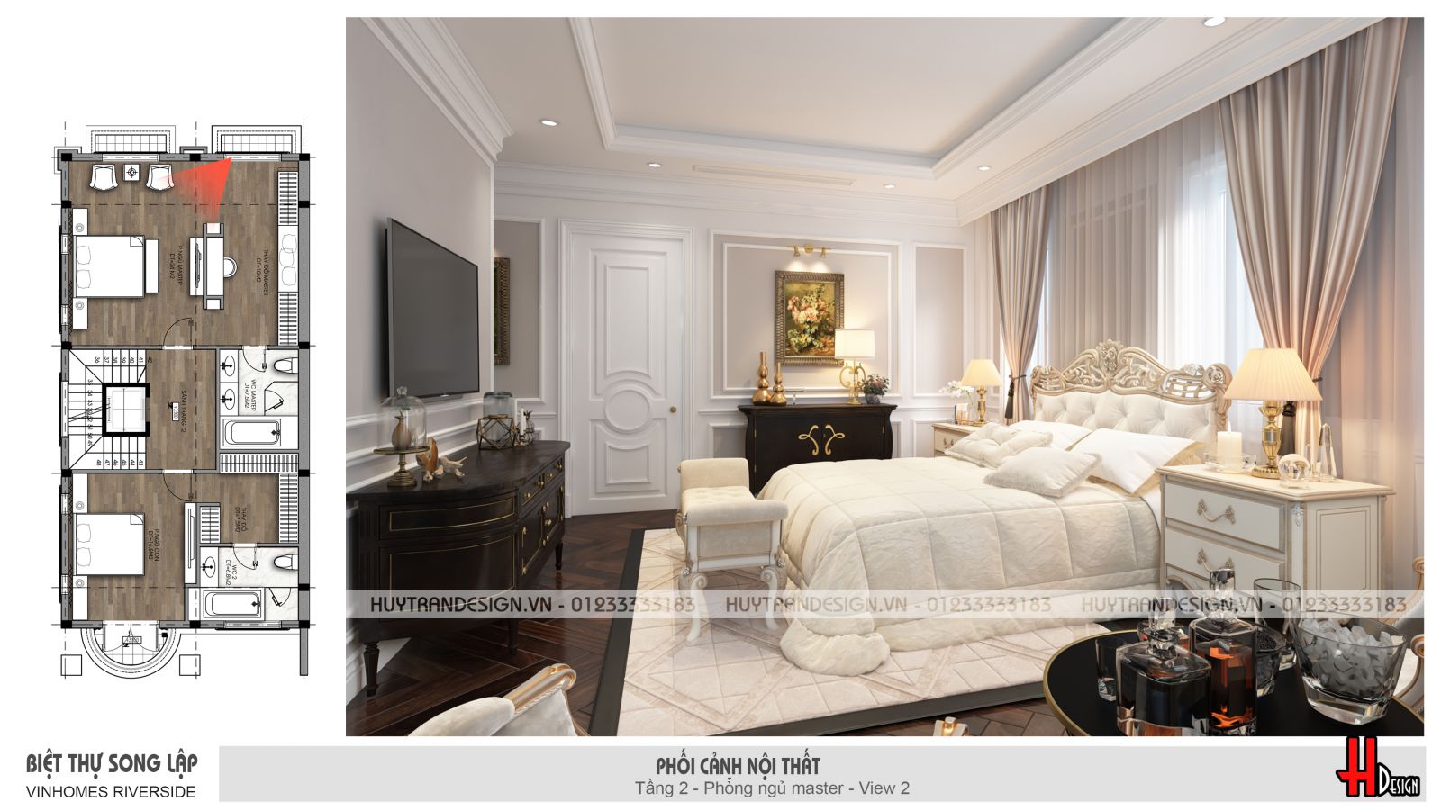 Nội thất phòng ngủ Master biệt thự sử dụng đồ cao cấp thiết kế theo phong cách hoàng gia