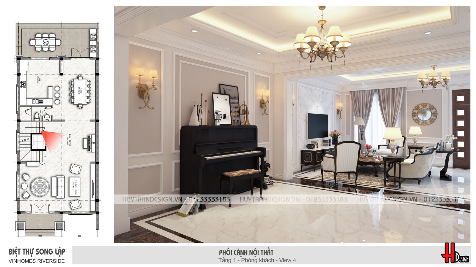 Phòng khách biệt thự được thiết kế thêm đàn piano để thỏa mãn đam mê