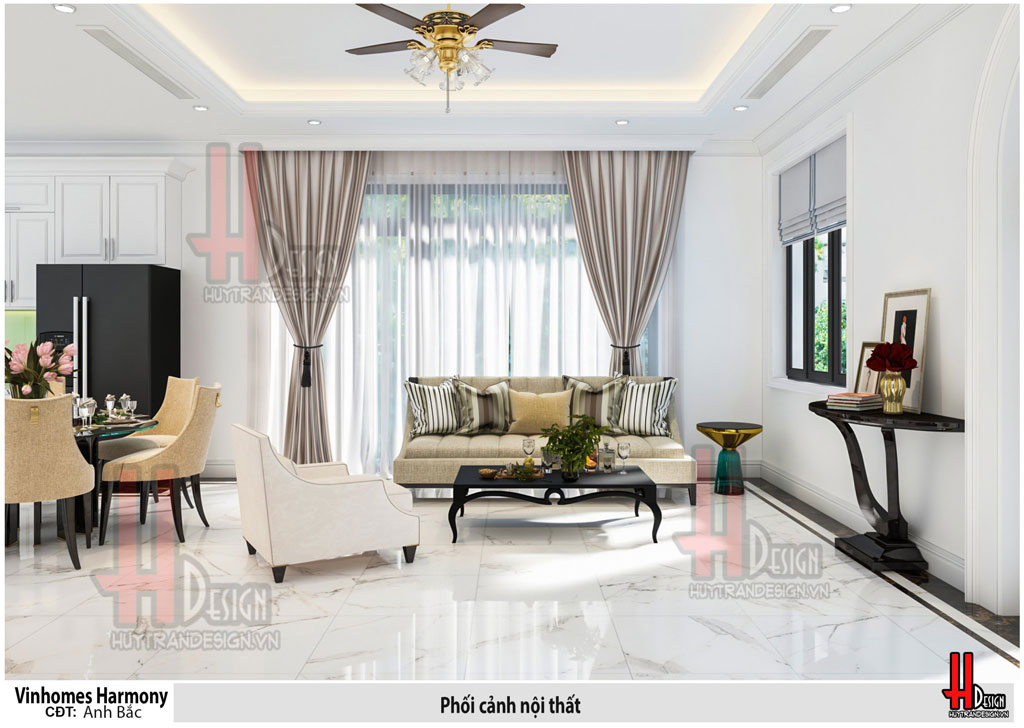 Thiết kế nội thất phòng khách biệt thự Vinhomes The Harmony phong cách tân cổ điển - Huytrandesign tư vấn, thiết kế, thi công nội thất đẹp - v3