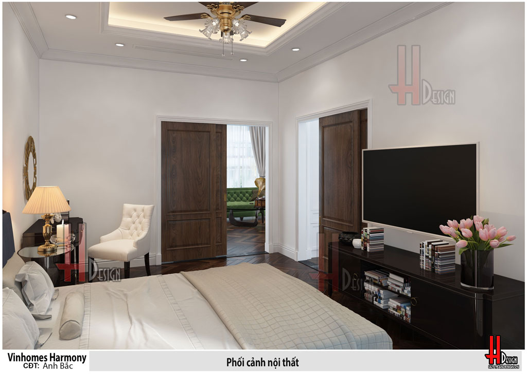 Thiết kế nội thất phòng ngủ chung biệt thự Vinhomes The Harmony phong cách tân cổ điển - Huytrandesign tư vấn, thiết kế, thi công nội thất đẹp - v10
